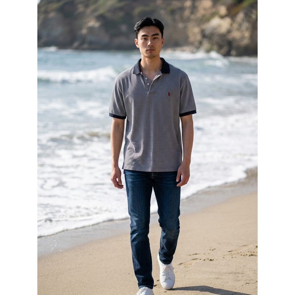 Nautica Gingham Polo Shirt M Navy White Classic Fit Cotton - Picture 3 of 12